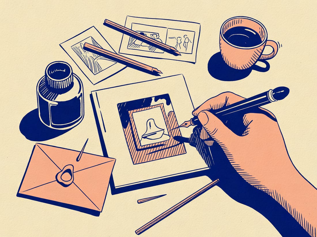 Riso-style drawing of an illustrator inking a sketch beside an ink bottle and a sealed envelope